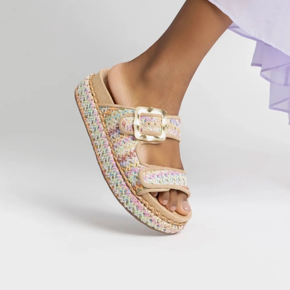 Larroude Multicolor Raffia Sandals with Beige Accents